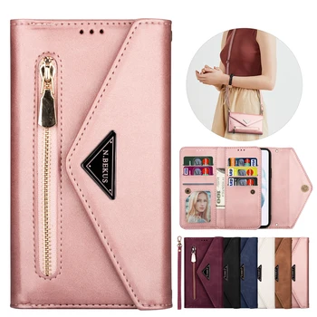 Кожаный Чехол-бумажник на молнии Для Карт Samsung Galaxy S23 Ultra S22 Plus S21 FE S20 A53 A52 A12 A13 A72 с ремешком через плечо