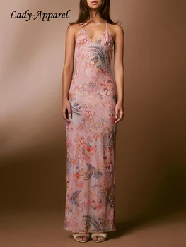 Y2K Макси-платье на бретельках с принтом в стиле Бохо, Женское Сексуальное Платье без рукавов с V-образным вырезом и низкой Спинкой, Элегантный Сарафан, Клубное Vestido