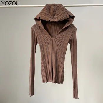 YOZOU 2023, Роскошный дизайнерский трикотаж с капюшоном, вязаный свитер с V-образным вырезом, Тонкий облегающий Джемпер, Пуловеры с длинным рукавом, Зеленый топ Y2k, женский