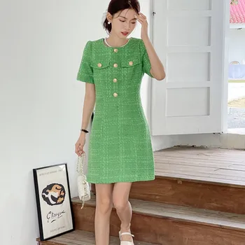Высококачественная модная летняя клетчатая твидовая женская одежда с небольшим ароматом, зеленое элегантное платье с коротким рукавом, Vestidos Robe