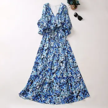Женское платье в европейском и американском стиле, лето 2023, новый стиль, рукав три четверти, V-образный вырез, синий принт, модное плиссированное платье XXL