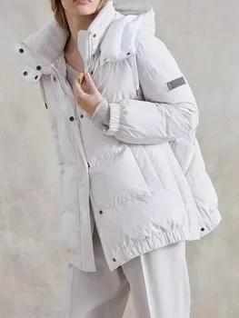 Женское Пуховое пальто средней длины с воротником-стойкой, 2022, Осень-Зима, Новая Женская Теплая куртка с длинным рукавом, Свободная, На Молнии, с капюшоном