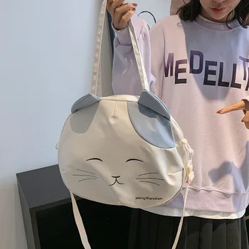 Мультяшная сумочка 2023 Японская девушка модная вышивка милый кот забавная сумка через плечо большой емкости