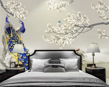 обои beibehang на заказ, ручная роспись, модная классическая зеленая китайская магнолия, павлин, птица, ТВ-фон, обои