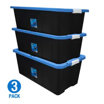Пластиковый контейнер для хранения с защелкой объемом 40 галлонов, черный с синей крышкой, набор из 3
