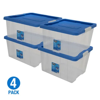 Прозрачный Пластиковый контейнер для хранения на 68 литров с защелкой, прозрачный, с синей крышкой, набор из 4 штук