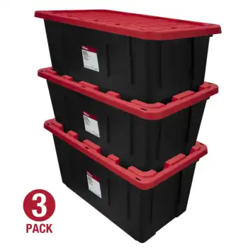 Сверхпрочный пластиковый контейнер для хранения с защелкивающейся крышкой на 40 галлонов, черный с красной крышкой, комплект из 3 штук