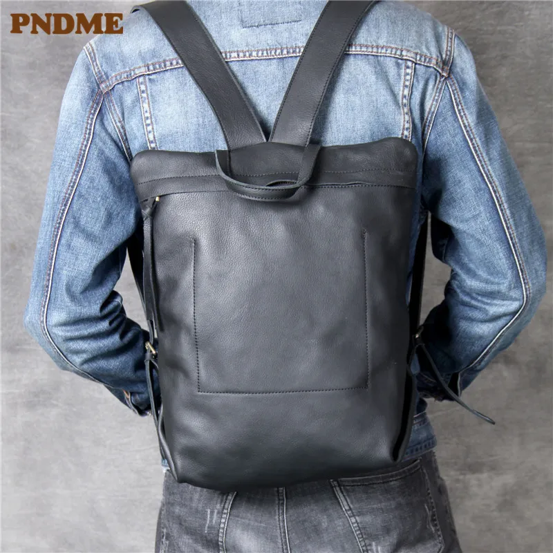 Высококачественный модный мужской женский рюкзак из мягкой натуральной воловьей кожи, повседневная простая легкая сумка для ноутбука из натуральной кожи черного цвета
